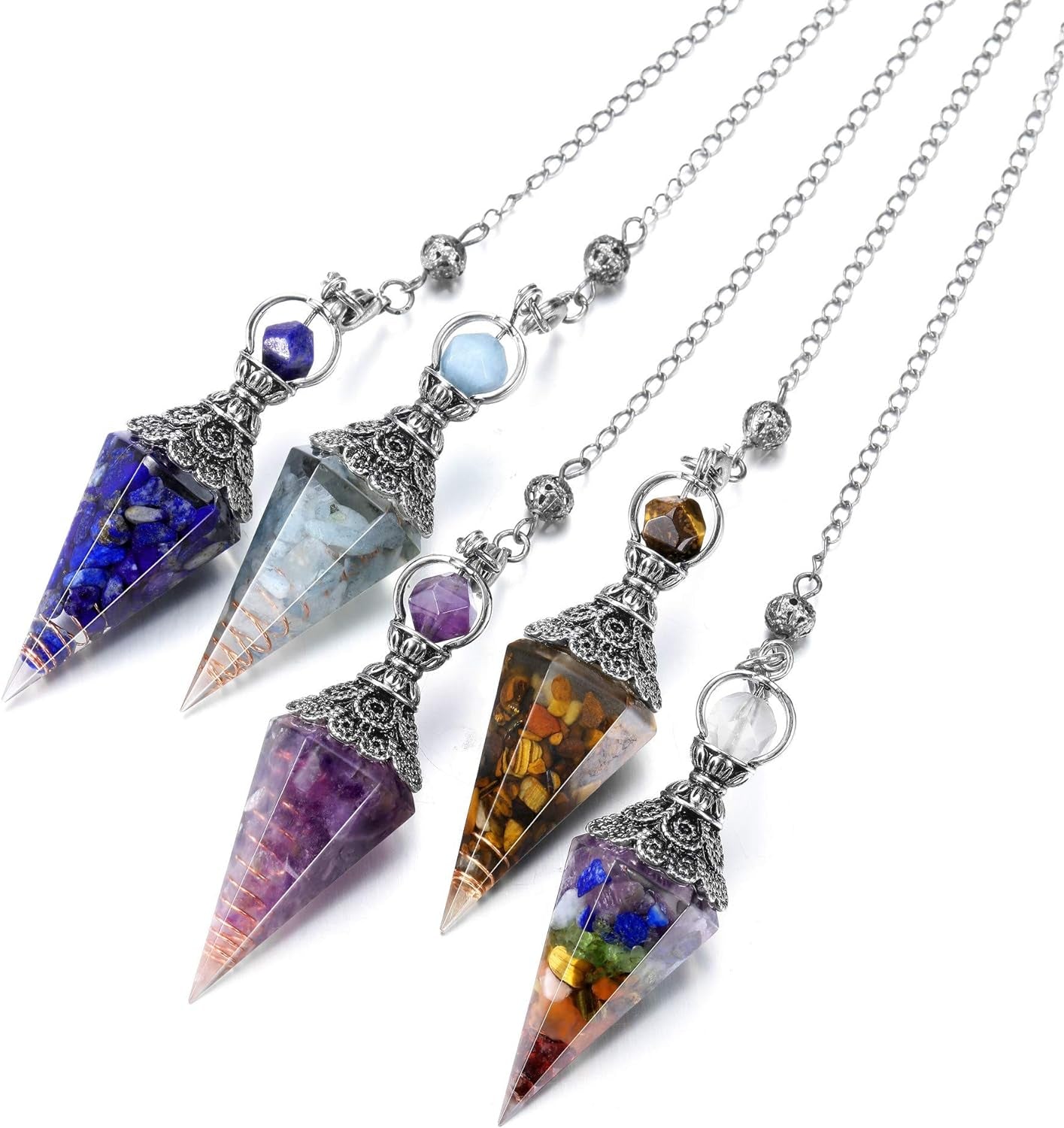 Natural Lapis Lazuli Healing Crystal Dowsing Pendulum Reiki Gemstone Chips Orgone Pendulum 6 Faceted Hexagonal Pointed Resin Spiritual Pendant for Divination, Wicca, Energy Balancing