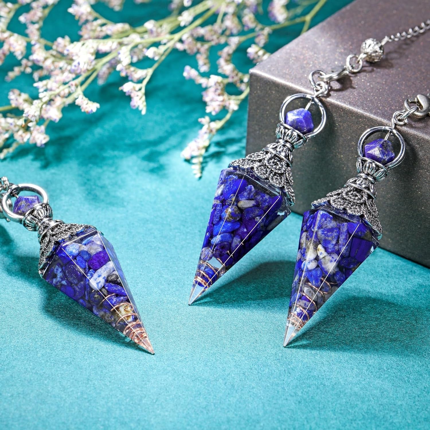 Natural Lapis Lazuli Healing Crystal Dowsing Pendulum Reiki Gemstone Chips Orgone Pendulum 6 Faceted Hexagonal Pointed Resin Spiritual Pendant for Divination, Wicca, Energy Balancing