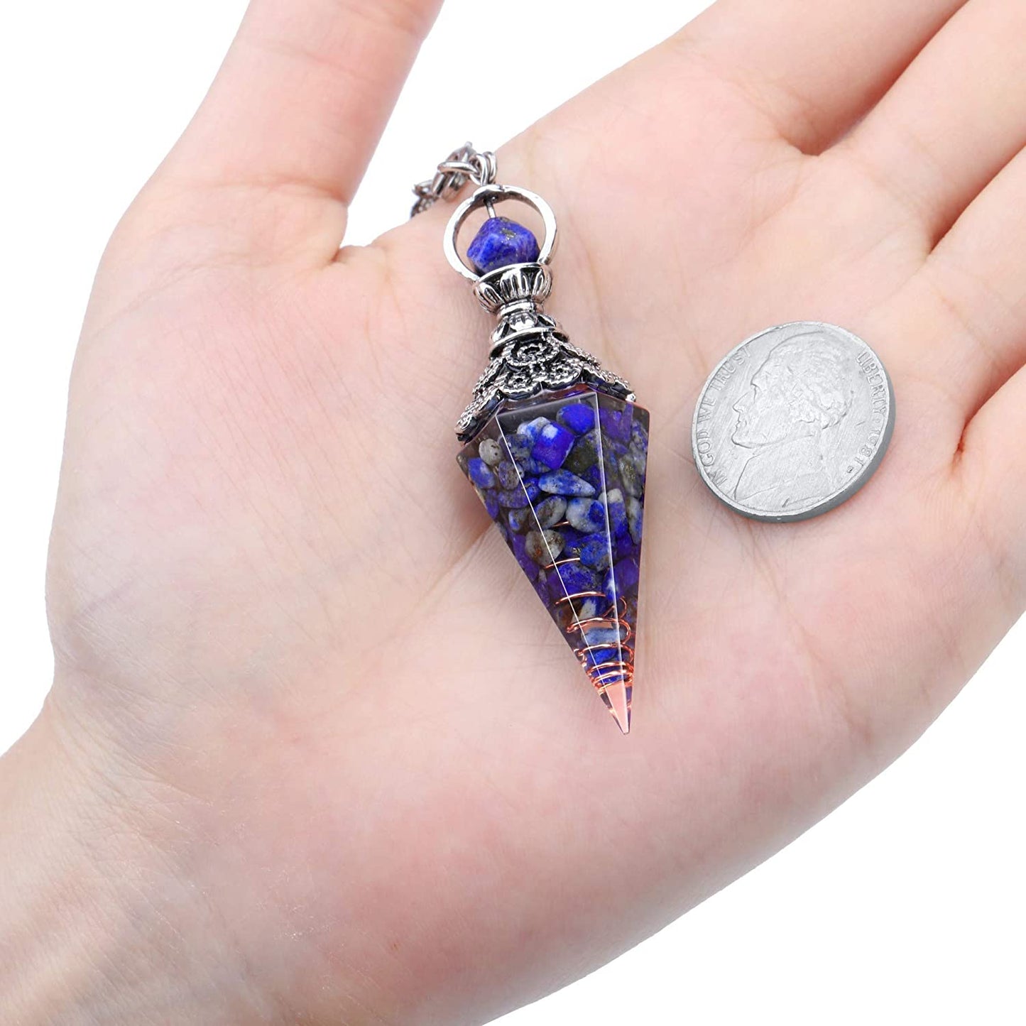 Natural Lapis Lazuli Healing Crystal Dowsing Pendulum Reiki Gemstone Chips Orgone Pendulum 6 Faceted Hexagonal Pointed Resin Spiritual Pendant for Divination, Wicca, Energy Balancing