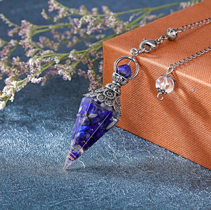 Natural Lapis Lazuli Healing Crystal Dowsing Pendulum Reiki Gemstone Chips Orgone Pendulum 6 Faceted Hexagonal Pointed Resin Spiritual Pendant for Divination, Wicca, Energy Balancing